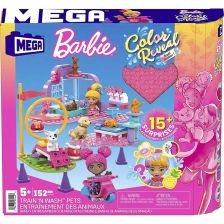 Παιχνίδι κατασκευών Mattel Mega Construx Barbie Train and Wash Pets με 15 αξεσουάρ, 152 εξαρτήματα