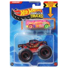 Αυτοκινητάκι Mattel Hot Wheels Monster Truck Scorcher με συνθλιμμένο αυτοκινητάκι, JCG31.
