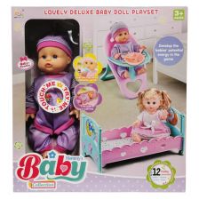 Κούκλα μωρό Raya Toys Mommy's Baby Collection, με κρεβάτι και καρεκλάκι φαγητού, 33 εκατοστών.