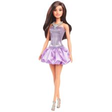 Κούκλα Mattel Barbie Fashionistas με καστανά μαλλιά και λαμπερό μωβ φόρεμα.