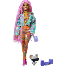 Κούκλα Mattel Barbie Extra 10 με ροζ πλεξούδες και κατοικίδιο.