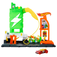 Σετ παιχνιδιού Mattel Hot Wheels Βενζινάδικο με σταθμούς φόρτισης και αυτοκινητάκι.