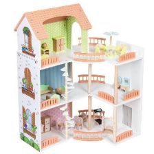 Ξύλινο Κουκλόσπιτο Raya Toys Τριώροφη Βίλα, με αξεσουάρ.